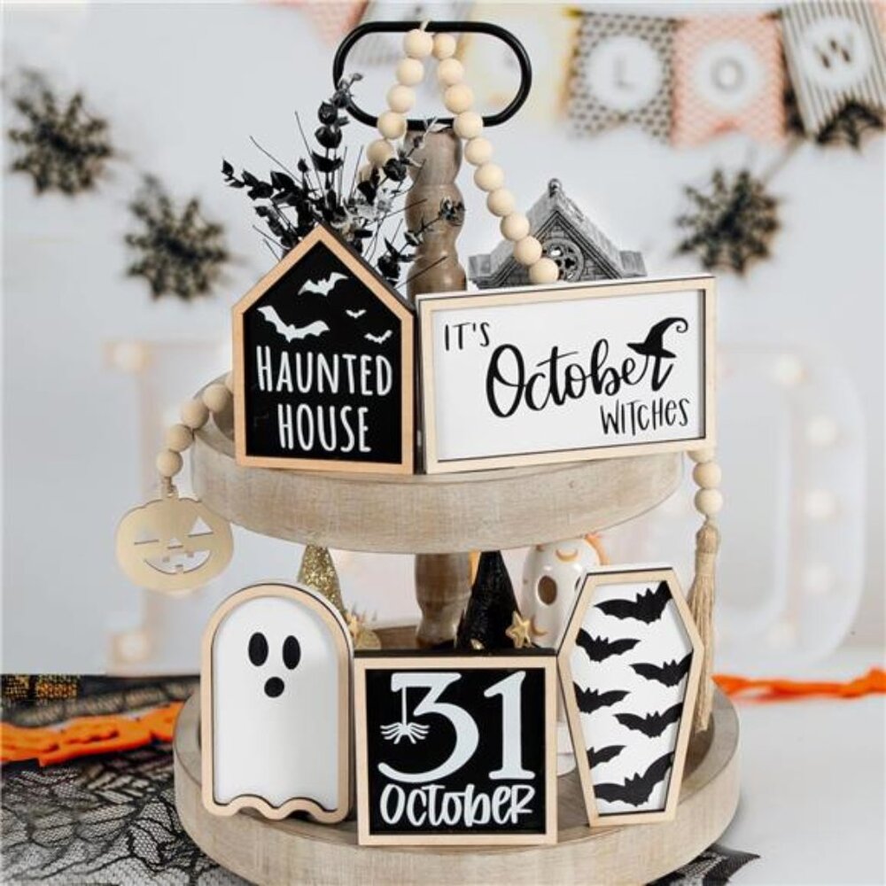 DAZONGE Halloween Decorations | 6PCS Halloween Tiered Tray Decor | Bat Coffin,